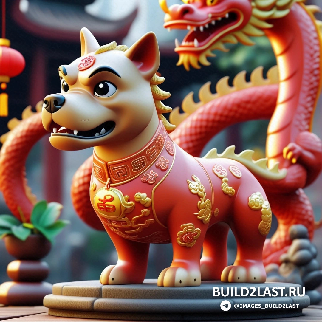 статуя собаки с драконом на спине и фонарем, в китайском храме