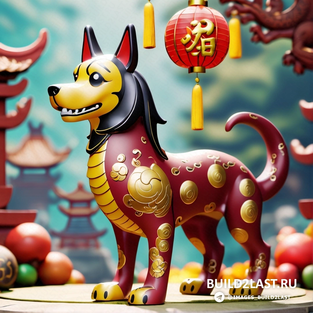 статуя собаки с китайской тематикой на фоне фонарей