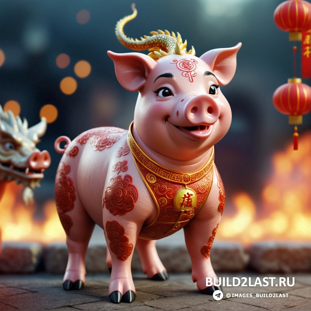 статуя свиньи с огнем и огонь с китайскими фонарями