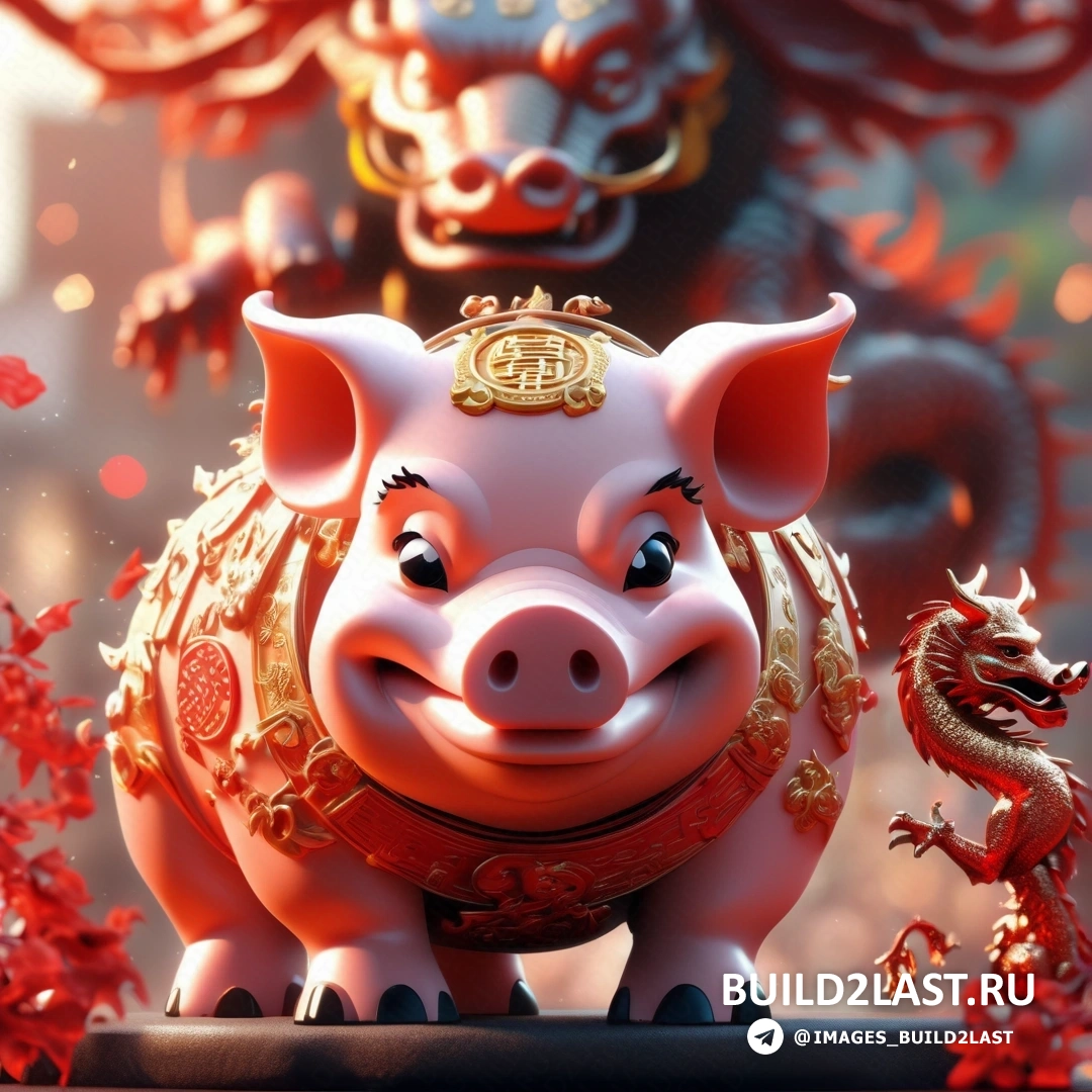 статуя свиньи со статуей дракона позади нее и красным фоном с красными цветами и листьями 