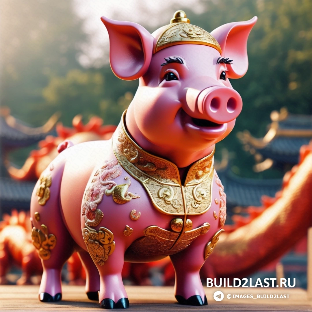 статуя свиньи в костюме в китайском стиле с драконом на фоне парада красных и золотых статуй драконов
