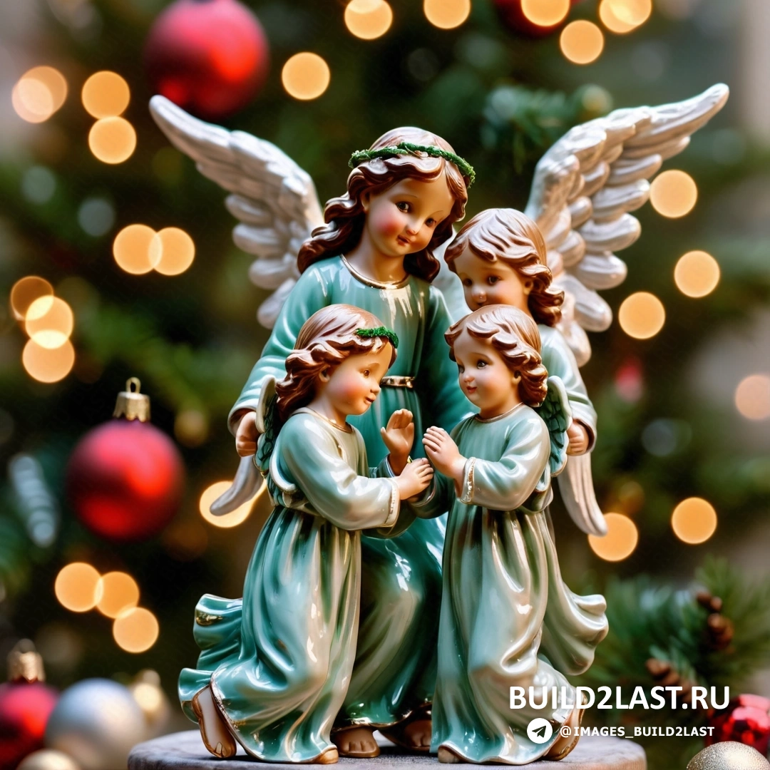 статуя трех ангелов, стоящих рядом с рождественской елкой с огнями