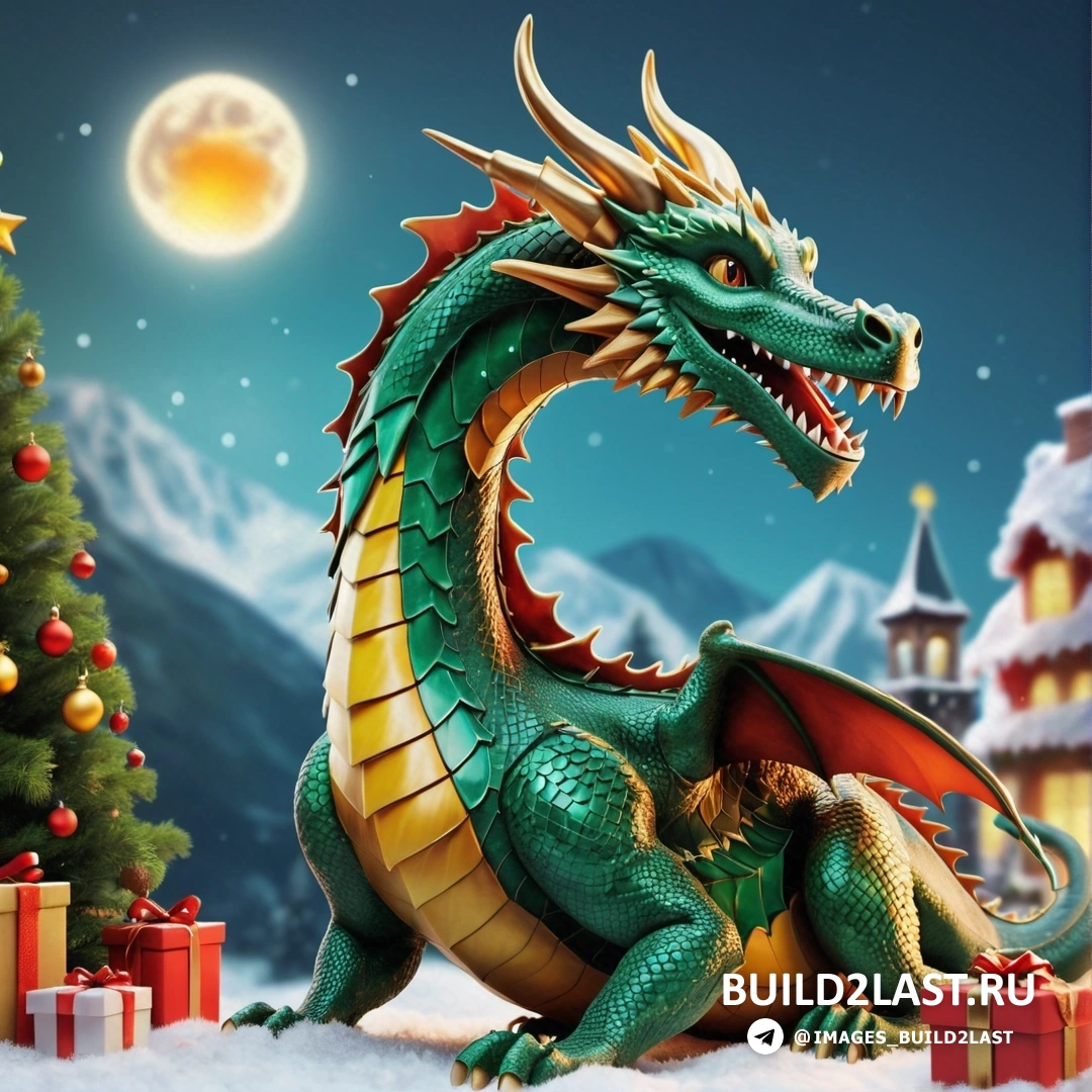статуя зеленого дракона рядом с рождественской елкой и рождественская елка с подарками и полная луна