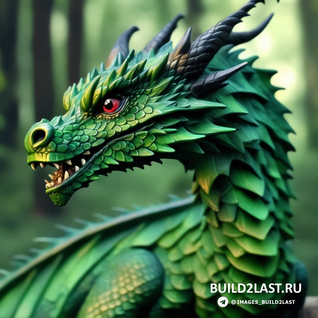 статуя зеленого дракона, на деревянном столе в лесу на фоне деревьев