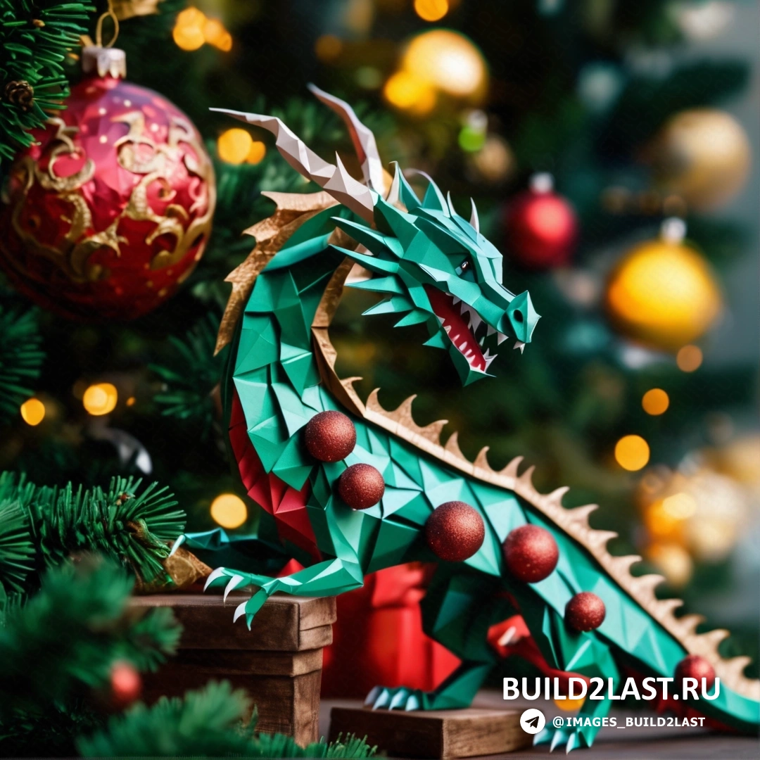 статуя зеленого дракона, рядом с рождественской елкой, с украшениями и красным шаром, свисающим сверху