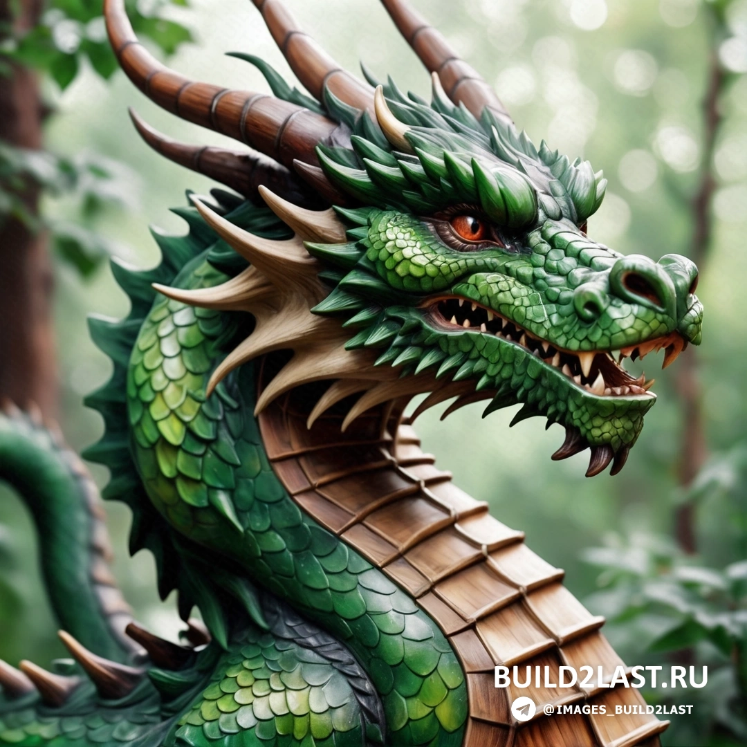 статуя зеленого дракона, посреди леса с деревьями и зеленым фоном