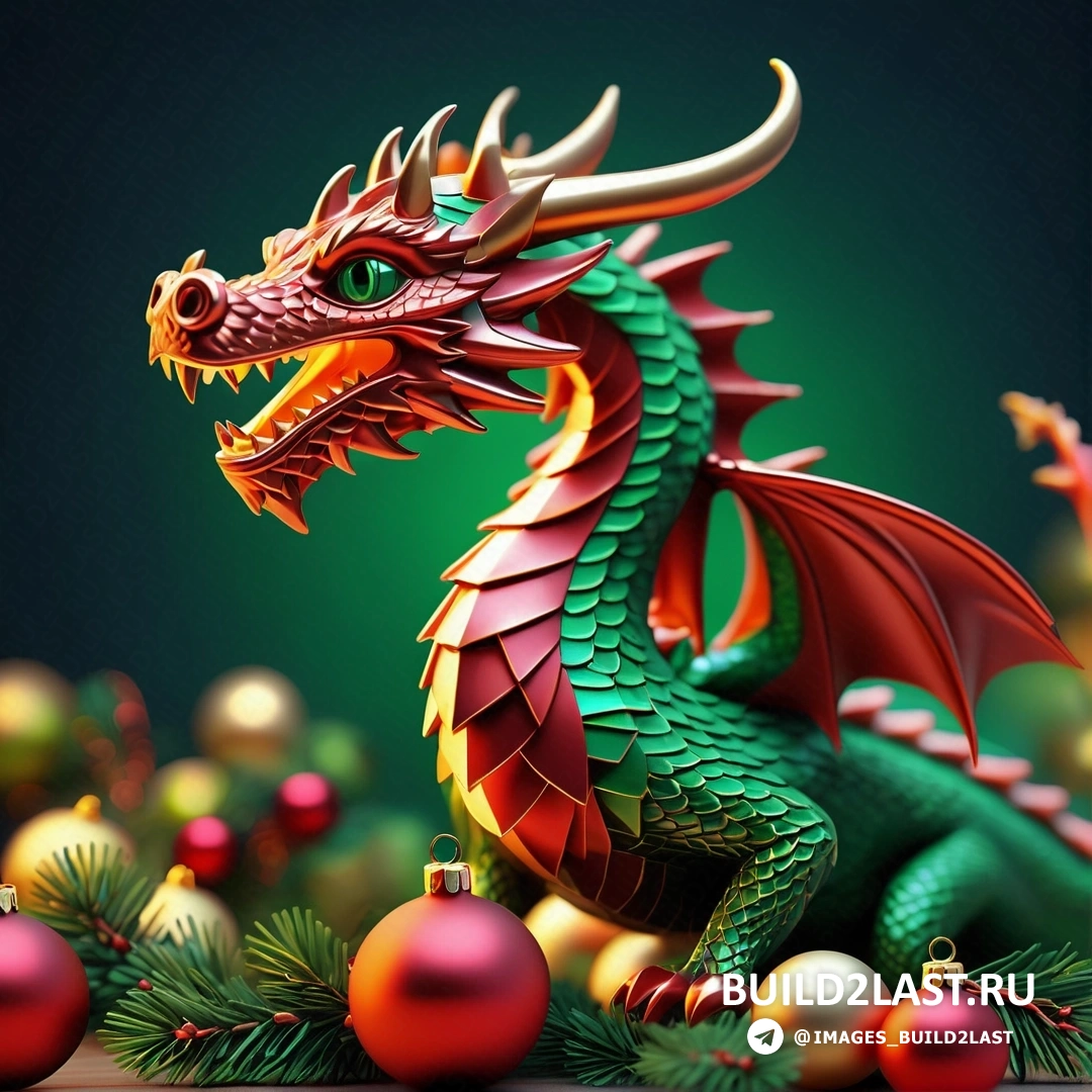 статуя зеленого и красного дракона, на столе рядом с рождественскими украшениями
