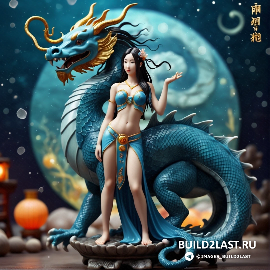 статуя женщины и дракона на столе с фонарем и полной луной в небе