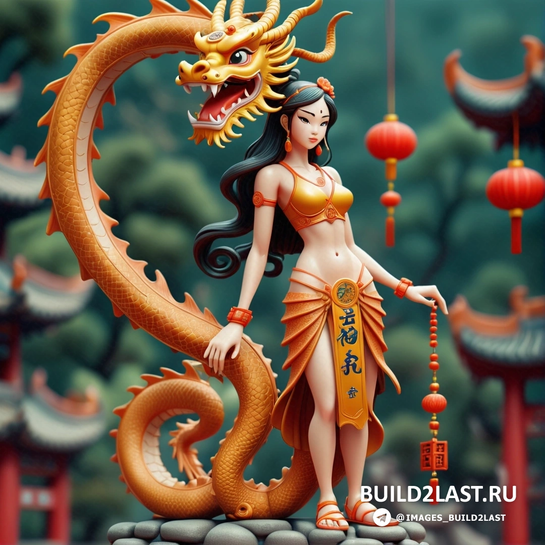 статуя женщины с драконом на голове и мечом в руке, на фоне красных фонарей