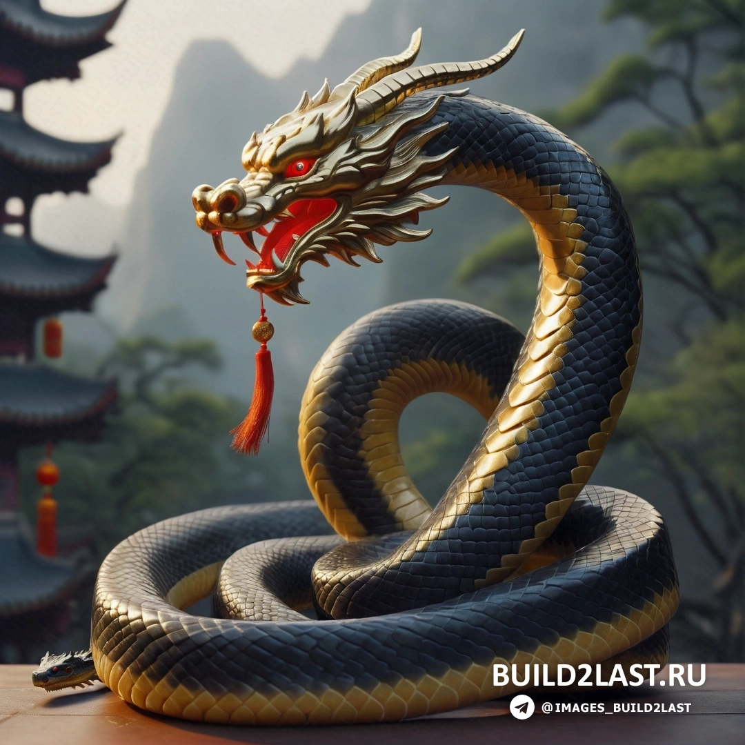 статуя змеи с красной головой и хвостом на столе перед пагодой на фоне горы
