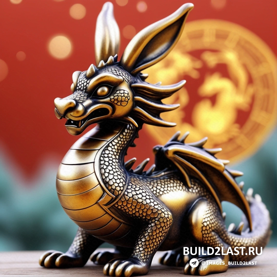 статуя золотого дракона, на столе рядом с красным фоном с золотой монетой