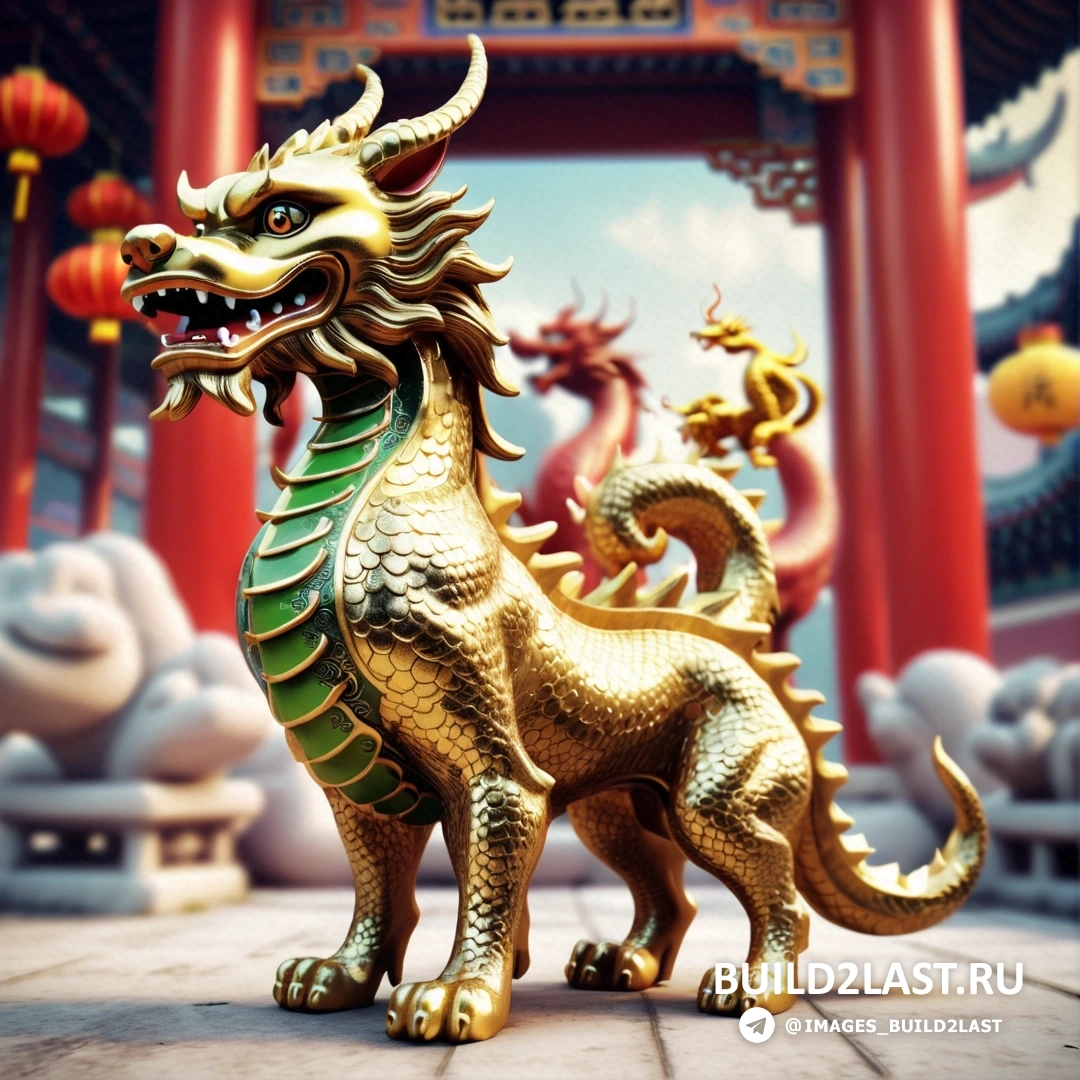 статуя золотого дракона перед китайским зданием с красными колоннами и фонарями, с голубым небом