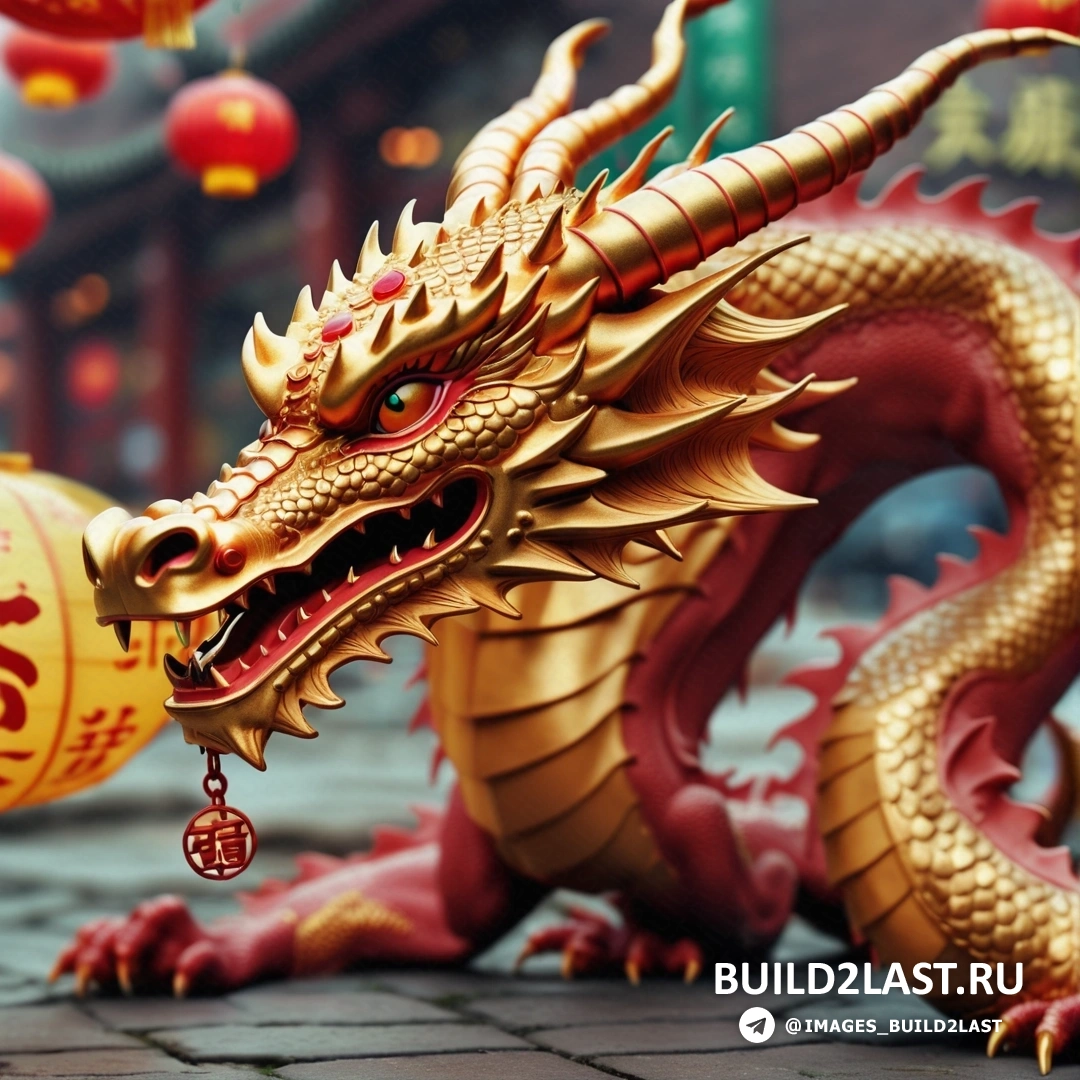 статуя золотого дракона и китайский фонарь