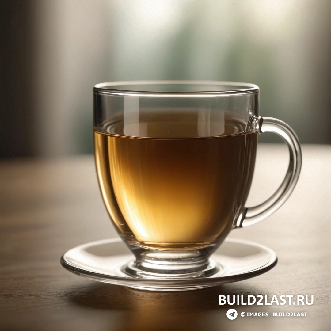 Dau-al-set - 3D-рендер. Стеклянная чашка чая на деревянном столе с размытым фоном