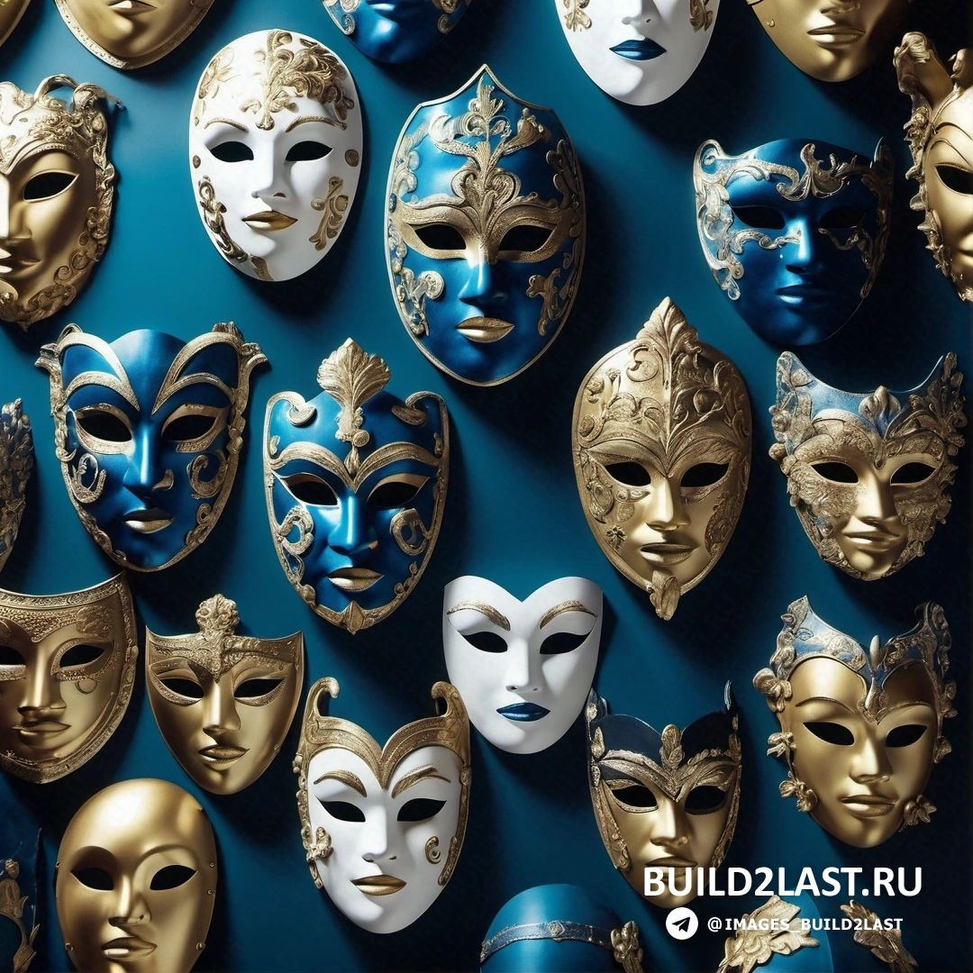 Автоматисты - стоковое фото. Стена из масок разного цвета на синем фоне.
