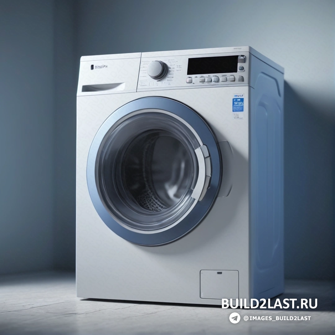 Фотореализм - компьютерная визуализация. Стиральная машина на белом полу рядом со стеной с синей дверцей сбоку