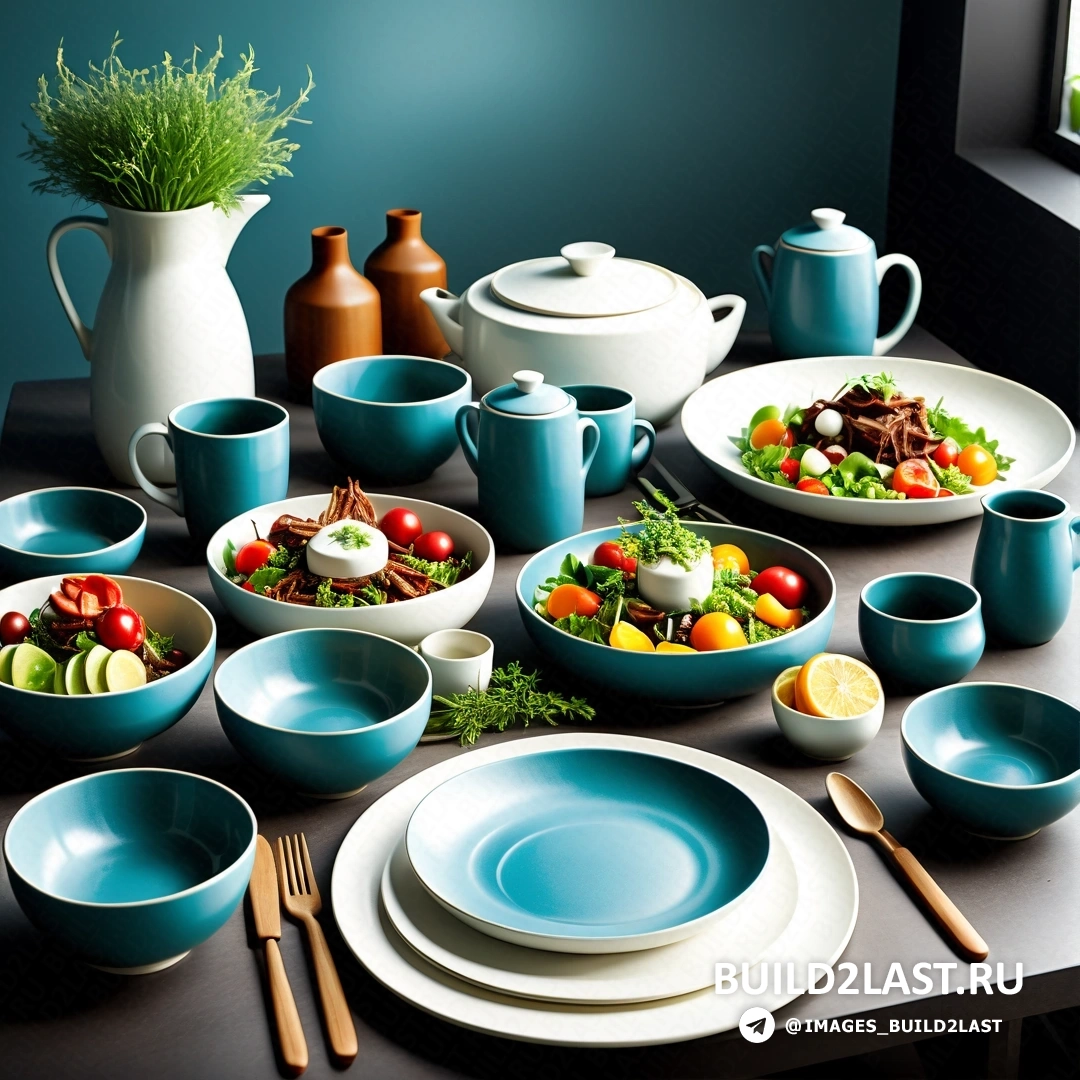 Дау-аль-сет - натюрморт. Стол с кучей тарелок и мисок на нем, на заднем плане ваза и горшок с цветами.