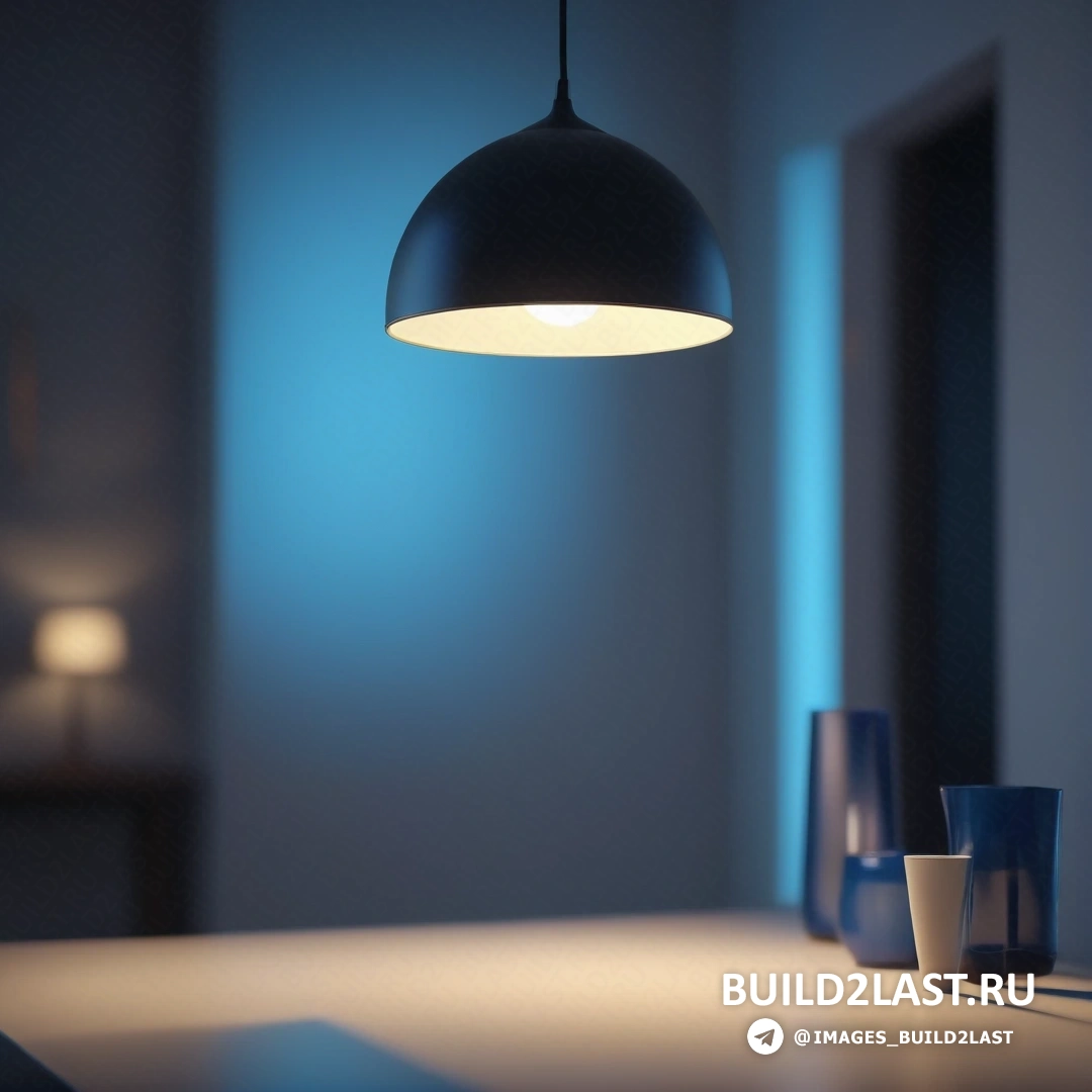 Фотореализм - 3D-рендер. Стол с лампой и чашками на нем в комнате с синими стенами и белой скатертью