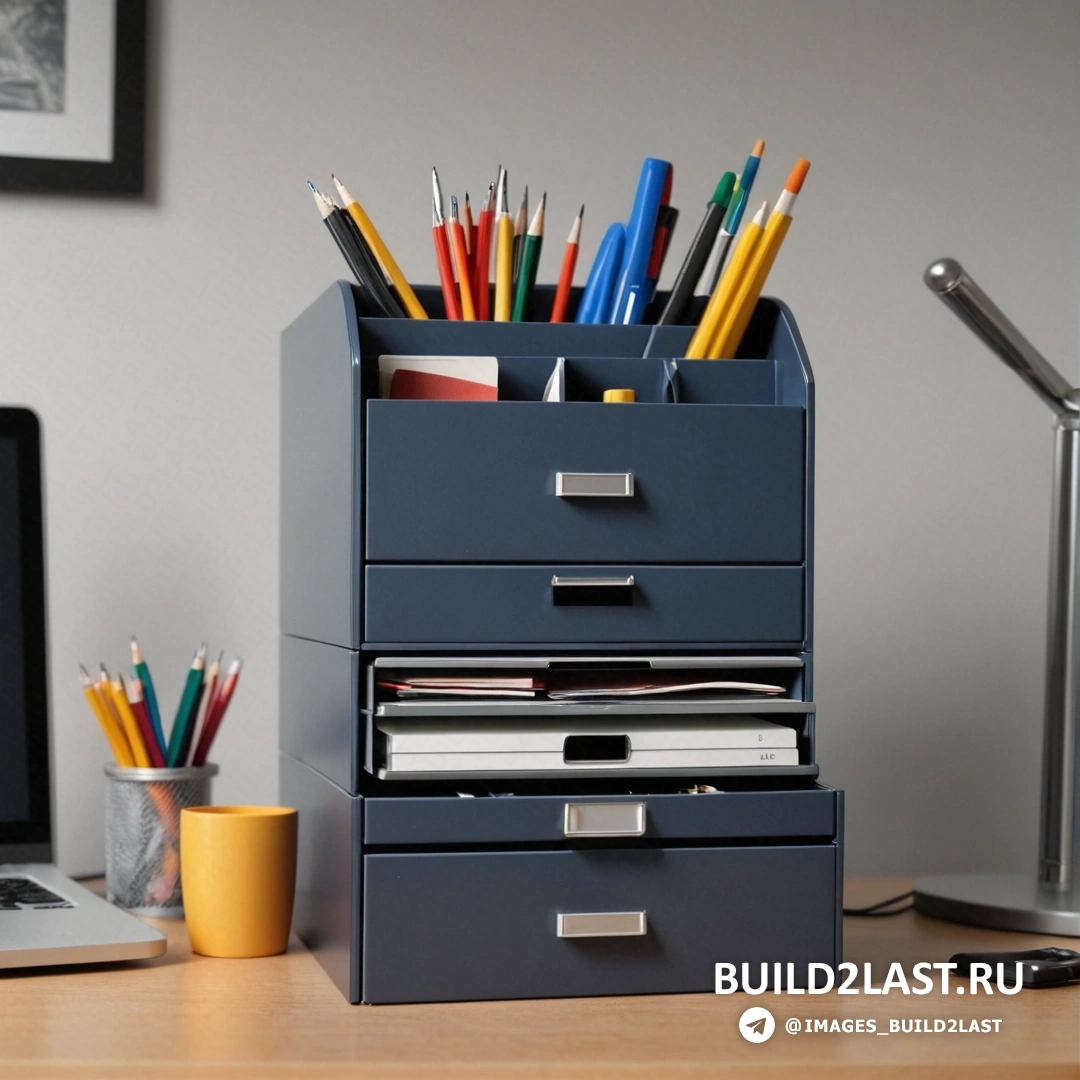 Постминимализм - 3D-рендер. Стол с ноутбуком и ящиком с ручками и карандашами в нем и чашкой кофе