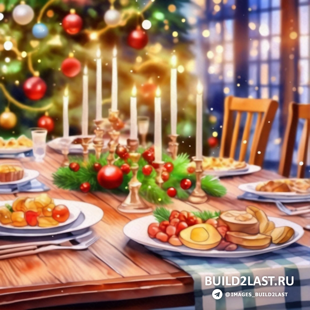 стол с рождественской елкой и рождественская елка со свечами и тарелками с едой 