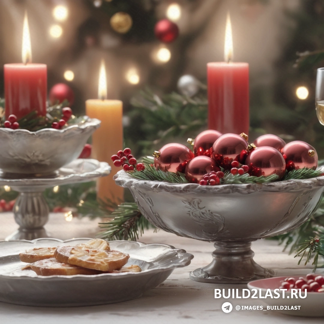 стол с тарелками с едой и свечами рядом с рождественской елкой с огнями и бокалом вина