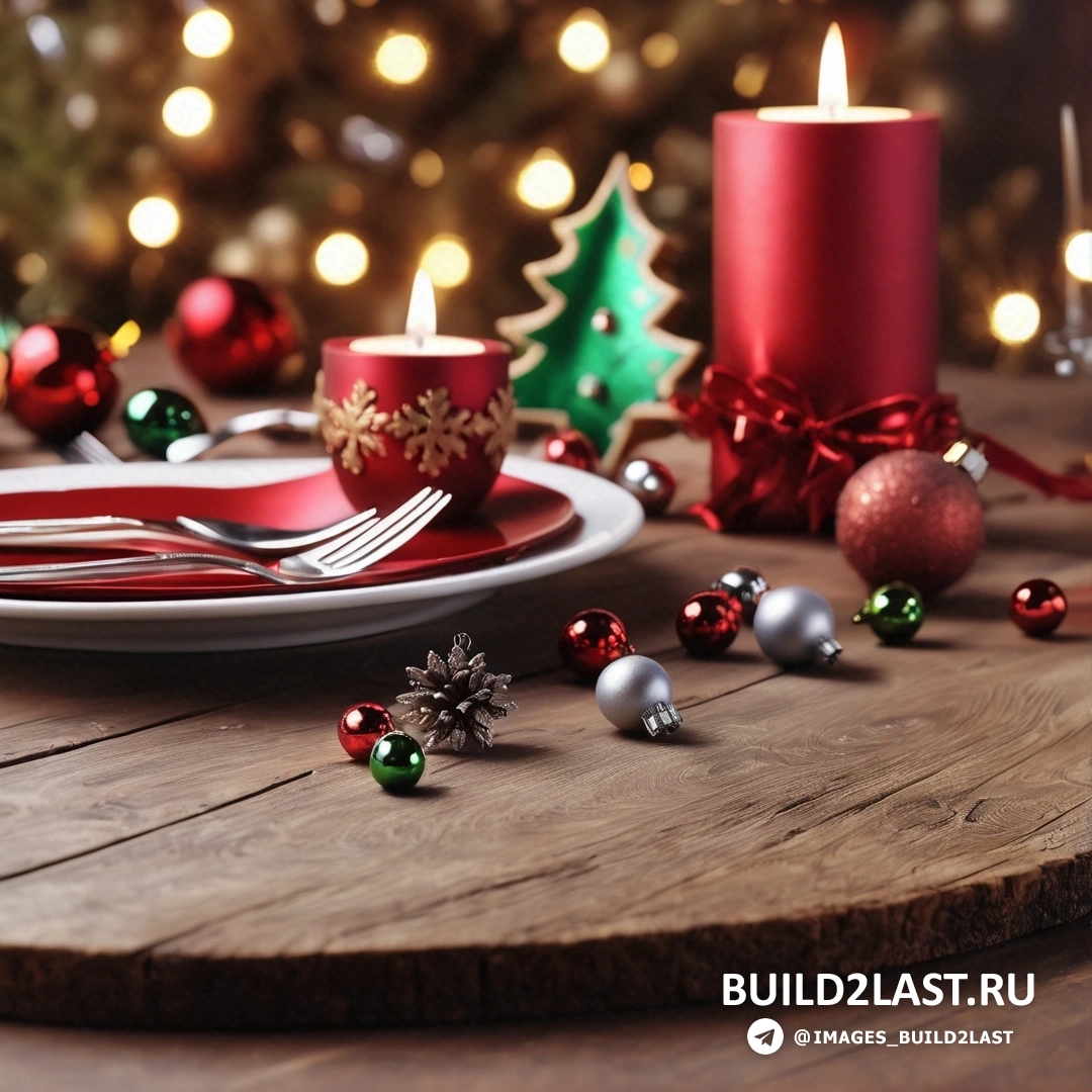 стол с тарелкой, вилкой, ножом и свечой, вокруг него рождественские украшения и рождественская елка