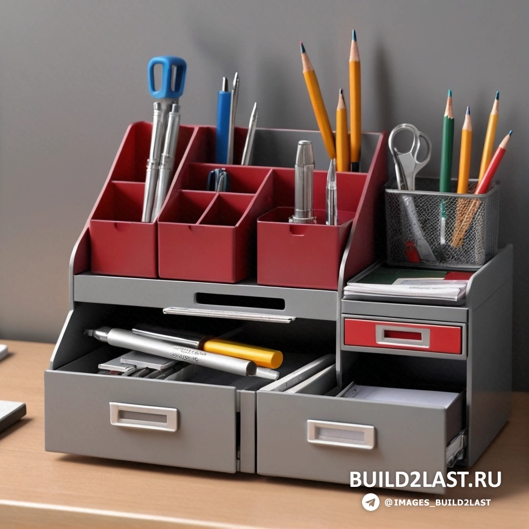 Модульный конструктивизм - 3D-рендер. Стол с ящиком и держателем для ручек с ручками и карандашами в нем, а также ноутбук на столе