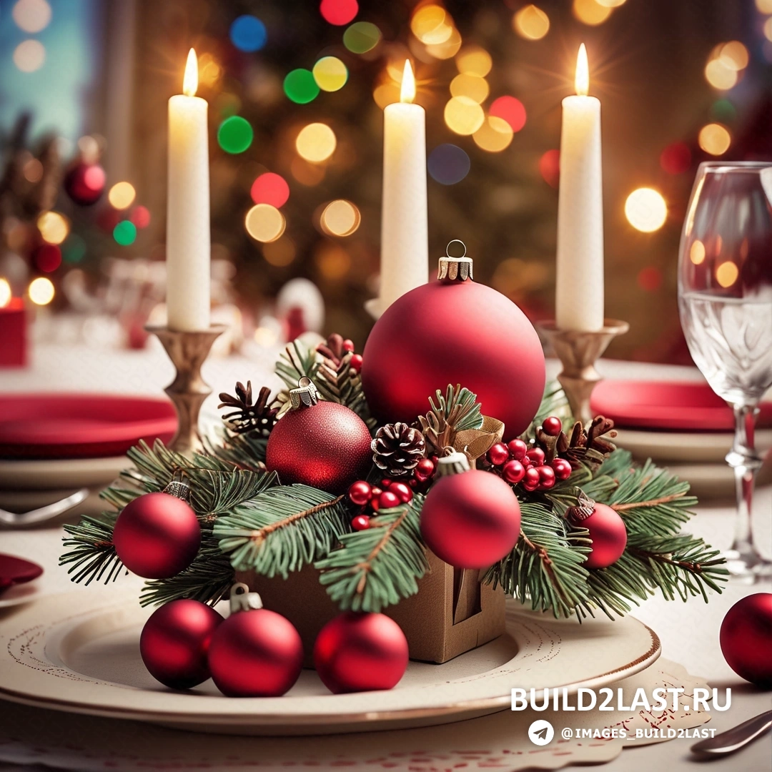 стол со свечой и тарелка с рождественскими украшениями и подсвечник с рождественской елкой