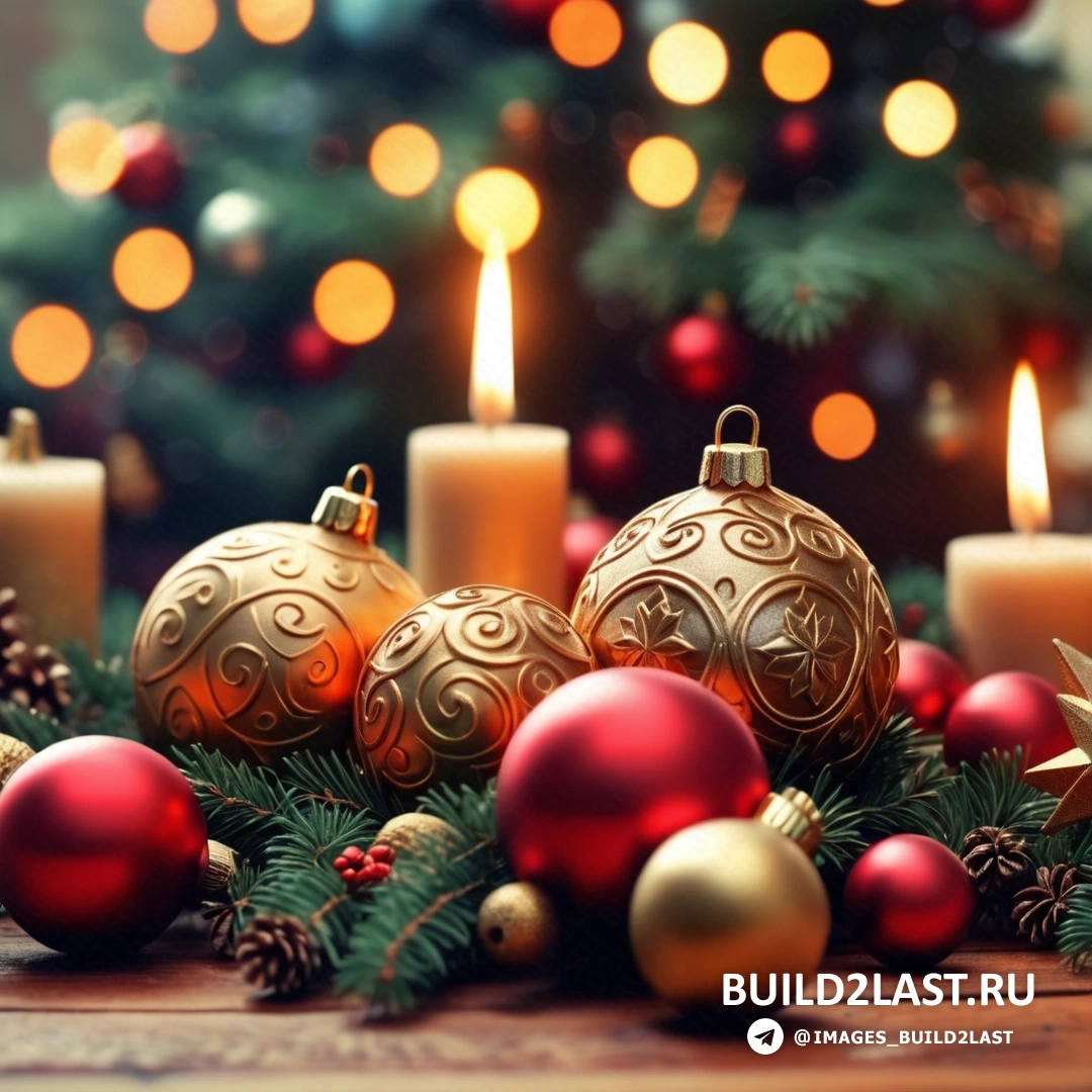 стол, усыпанный рождественскими украшениями и свечами, рядом с рождественской елкой с огнями и зажженной свечой
