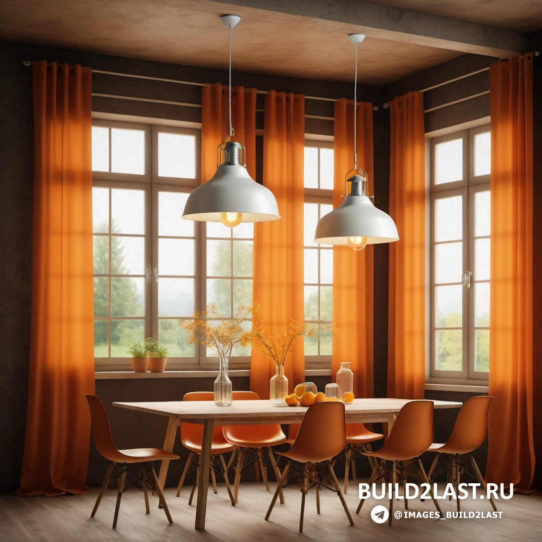 Фотореализм - 3D рендер. Столовая со столом и стульями, окном с оранжевыми шторами и вазой с цветами на нем.