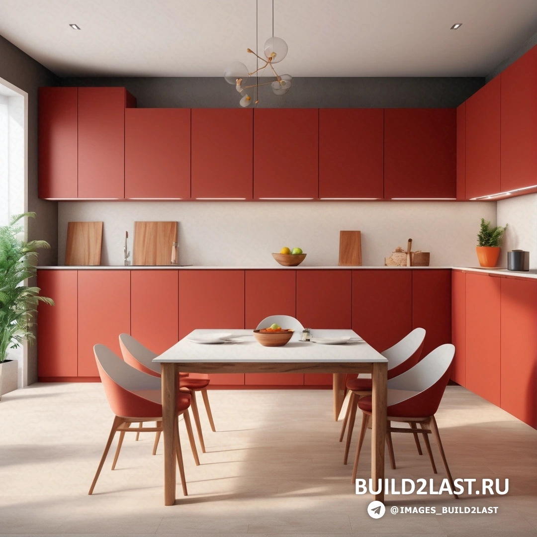 Фотореализм - 3D рендер. Столовая со столом, стульями и растением в горшке в углу комнаты и у окна.