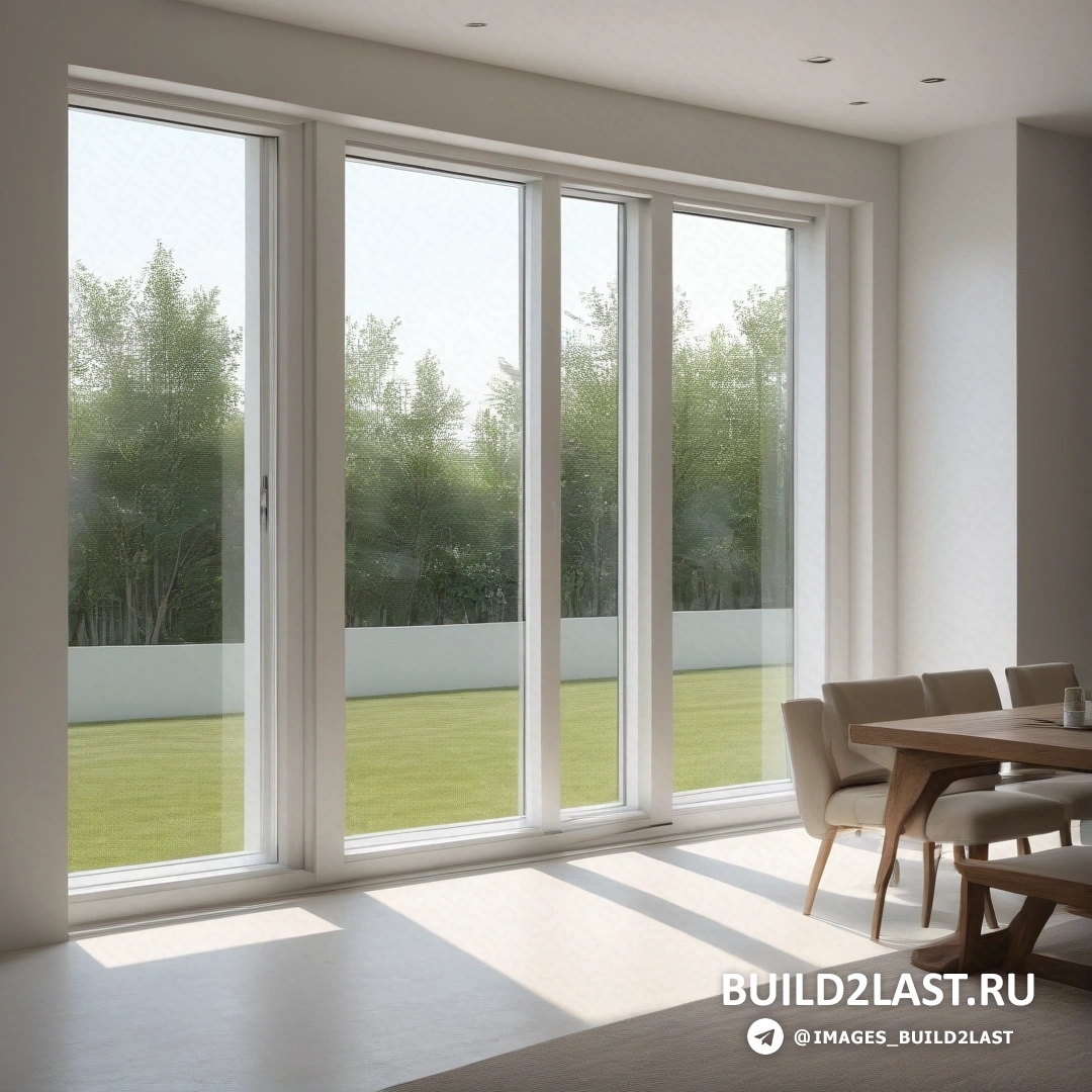 Фотореализм - цифровая визуализация. Столовая со столом и стульями и большим окном с видом на поле за ним