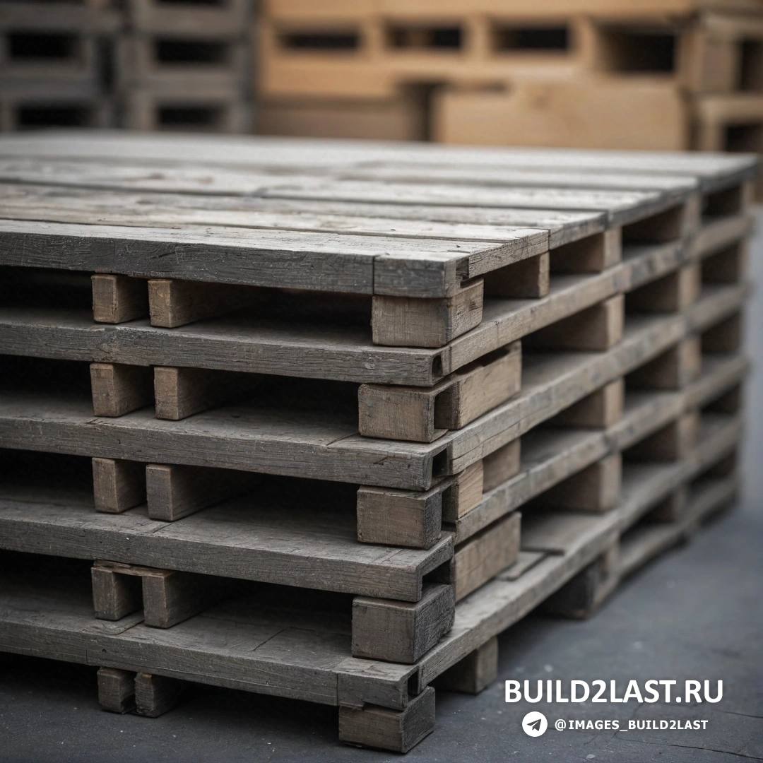 Постминимализм - фото с наклоном и сдвигом. Стопка деревянных поддонов на полу рядом с ящиками деревянных поддонов на полу