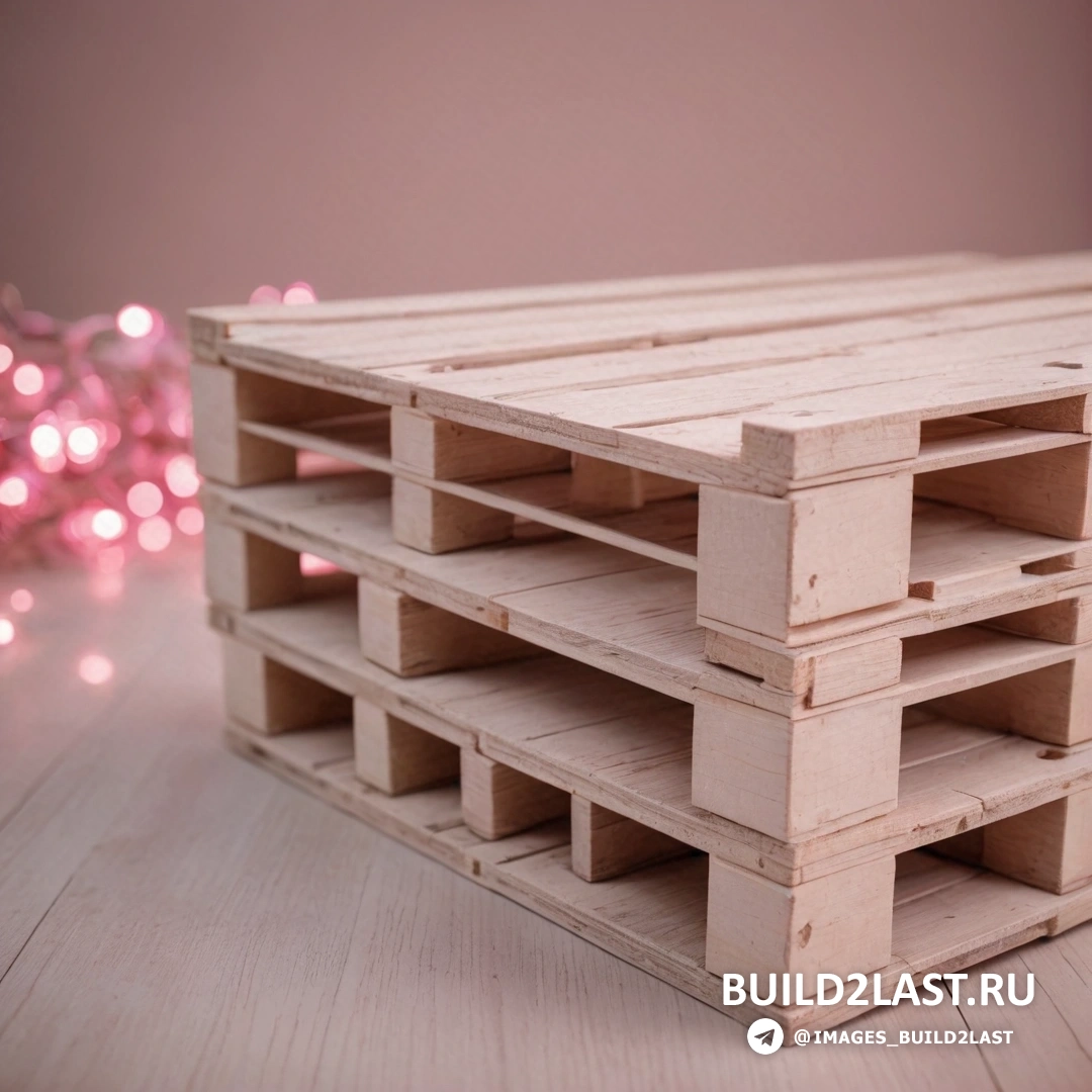 Постминимализм - 3D-рендеринг. Стопка деревянных поддонов на деревянном полу рядом с розовой рождественской елкой с гирляндами
