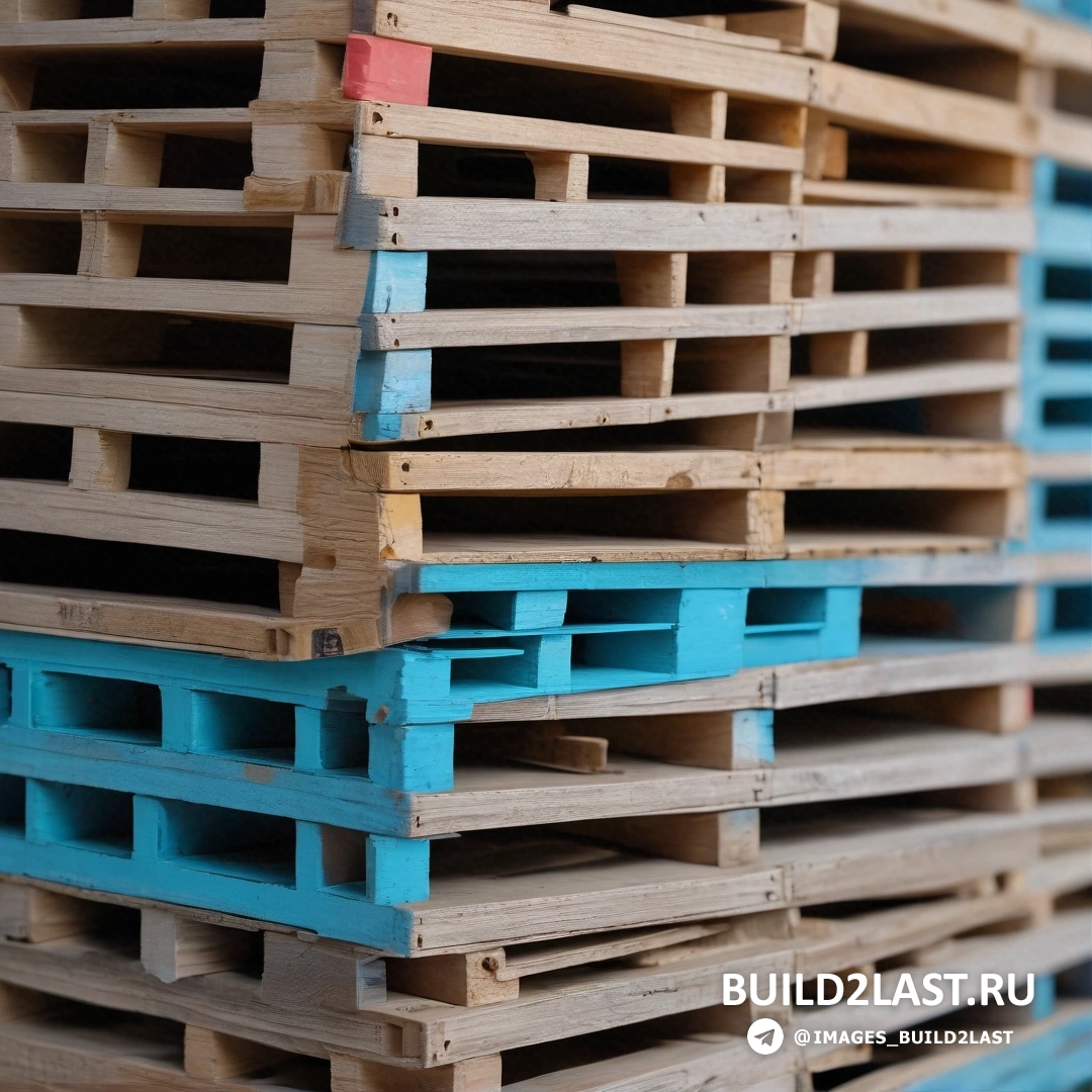 Постминимализм - стоковая фотография. Стопка деревянных поддонов, сложенных друг на друга на складе или складской территории с красно-синим знаком сверху