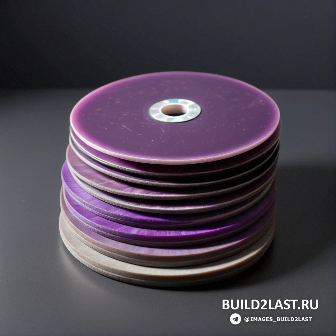 Видеоарт - 3D рендер. Стопка фиолетовых тарелок на столе рядом с черной стеной.