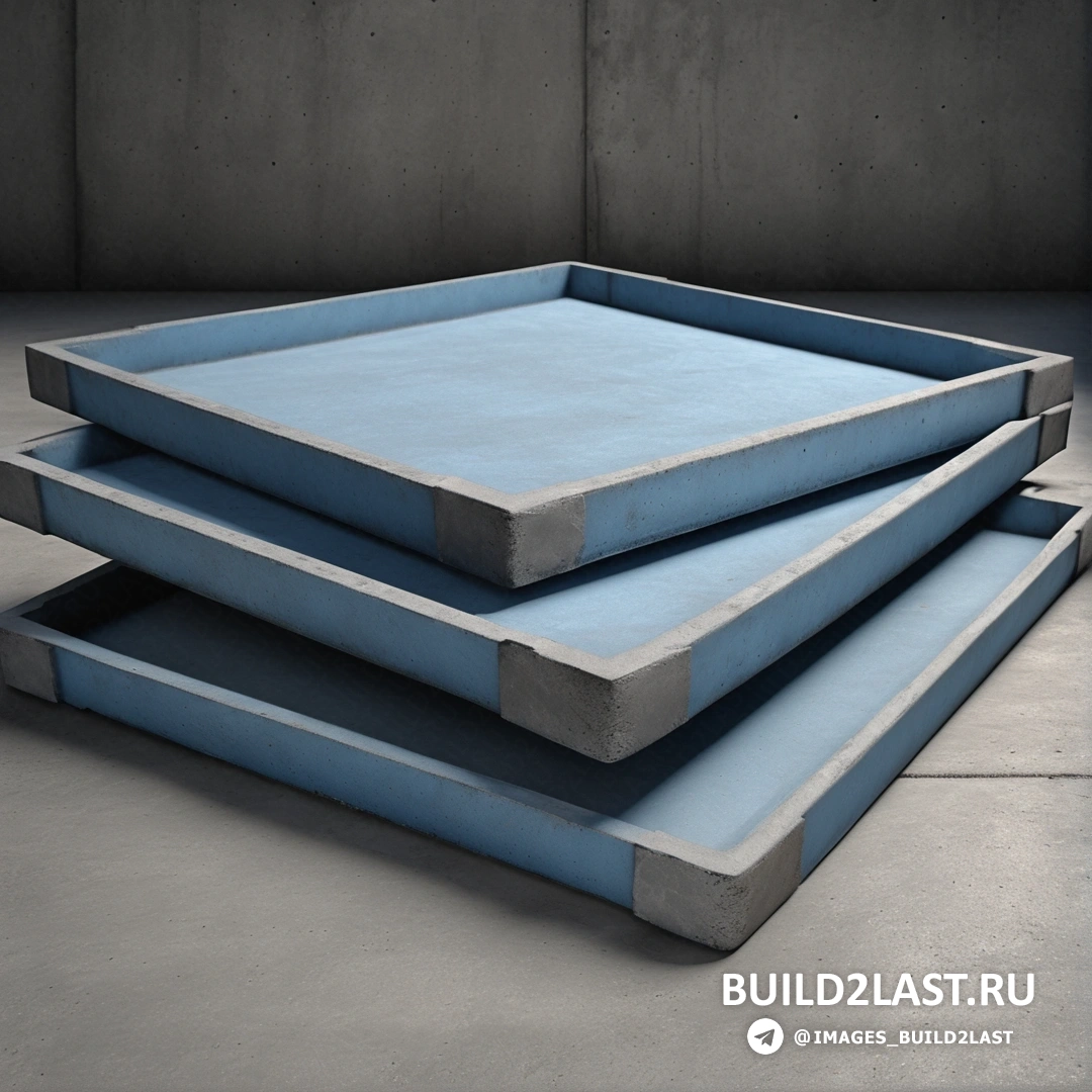 Бетонное искусство - 3D рендер. Стопка из трех синих бетонных блоков квадратной формы на бетонном полу с бетонной стеной на заднем плане