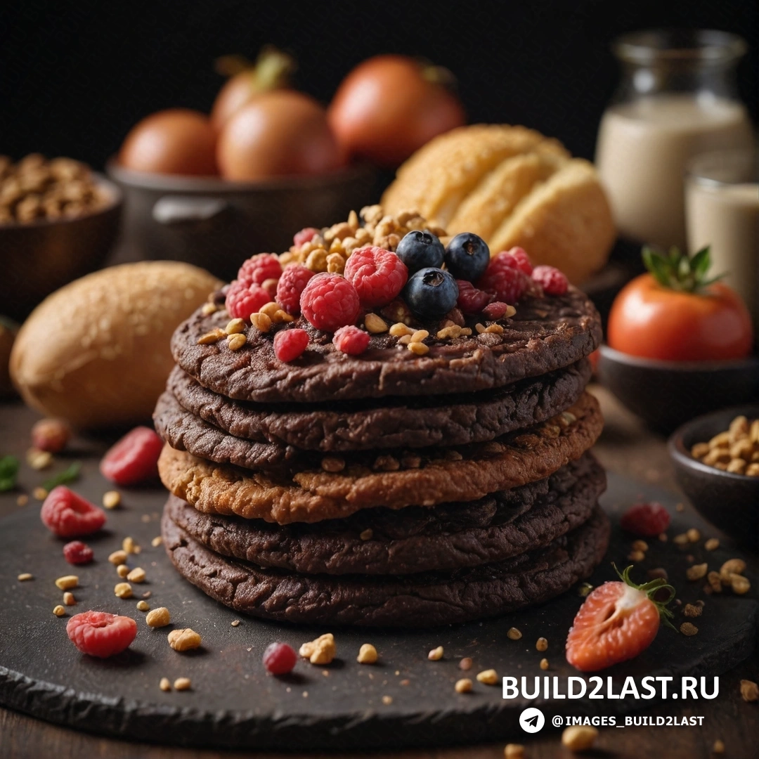 Lyco art - 3D render. Стопка печенья с ягодами и орехами наверху рядом с другой едой и стаканом молока