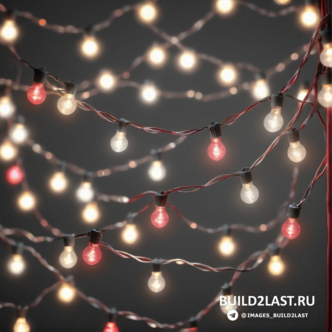 Фотореализм - 3D рендер. Ряд огней с красными и белыми лампочками на темном фоне.