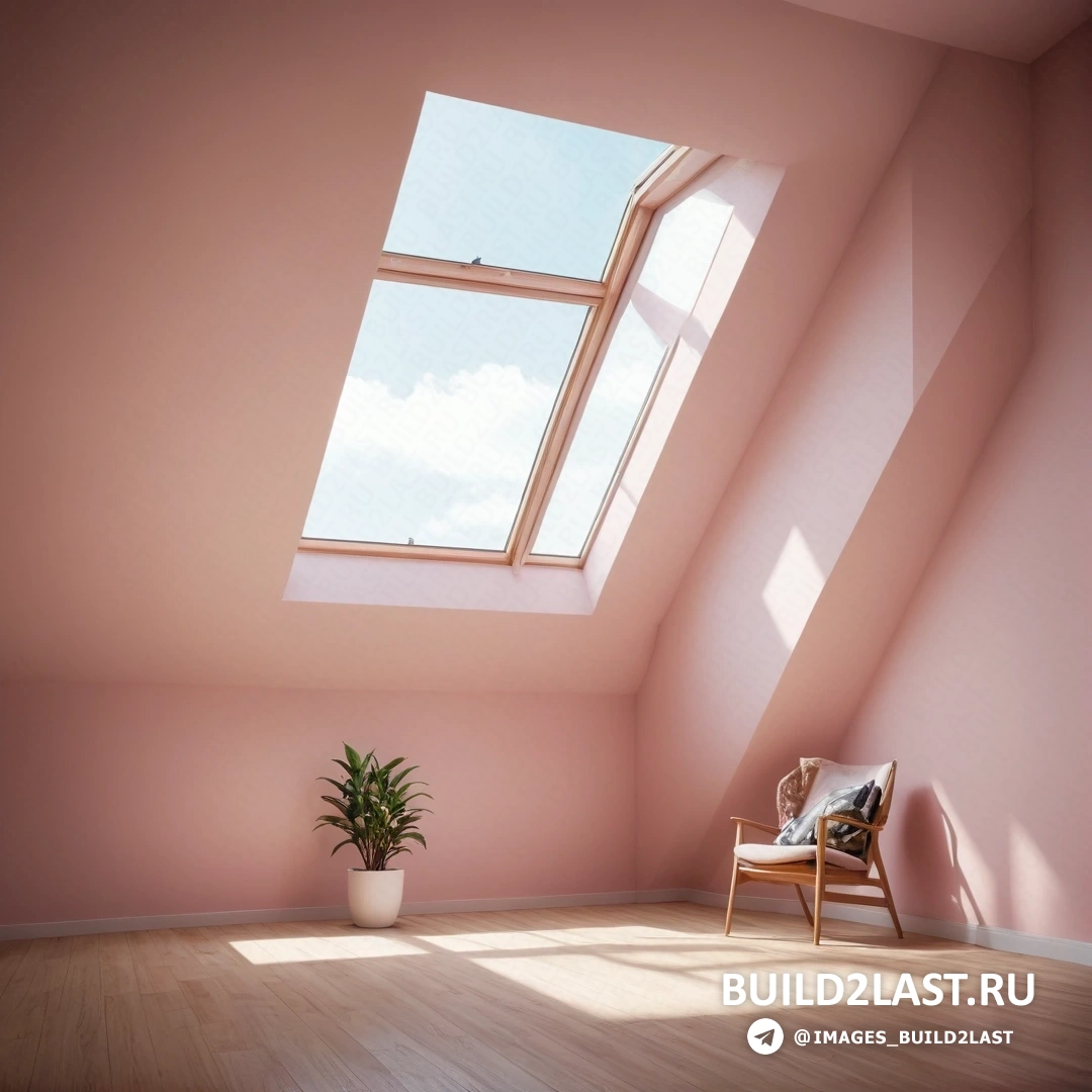 Минимализм - 3D-рендер. Стул и растение в горшке в комнате с мансардным окном над ним и деревянным полом