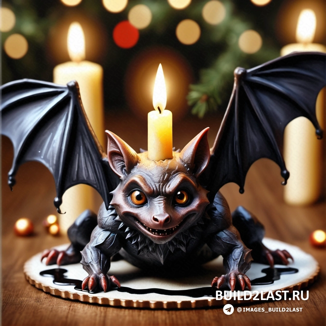 свеча с летучей мышью, на тарелке со свечами и рождественской елкой