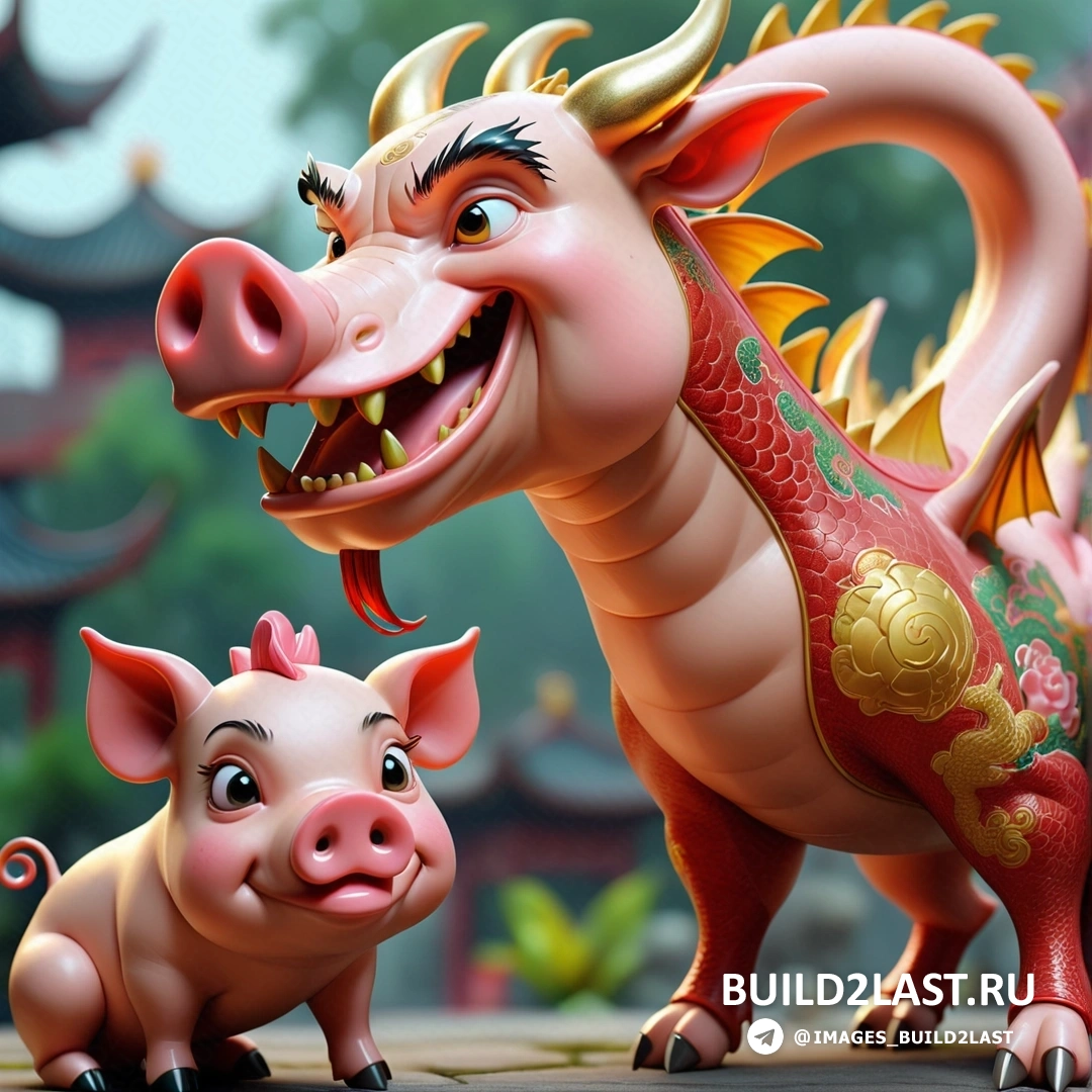 свинья и поросенок стоят рядом друг с другом перед зданием с драконом 
