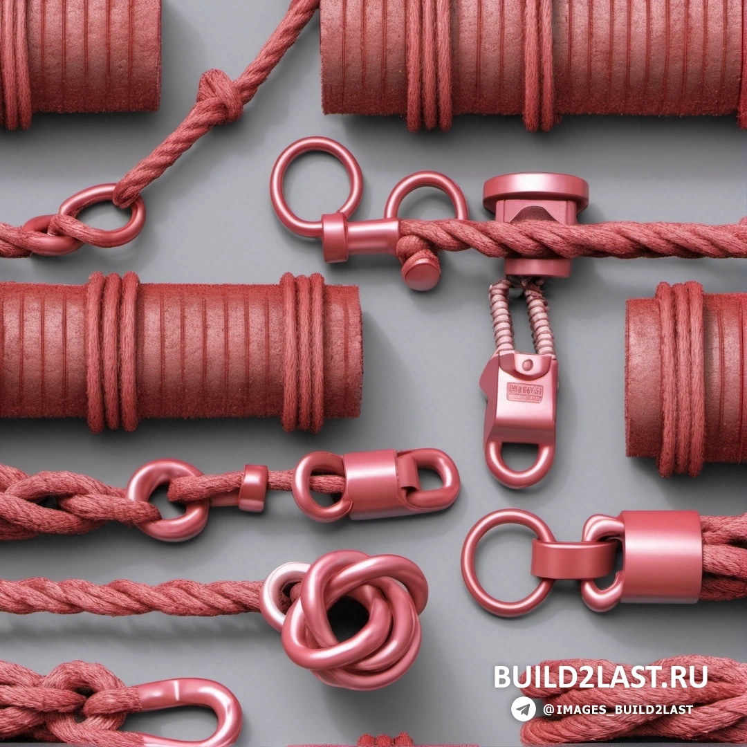 Сборка - 3D рендер. Связка красных веревок и пара крючков на сером фоне.