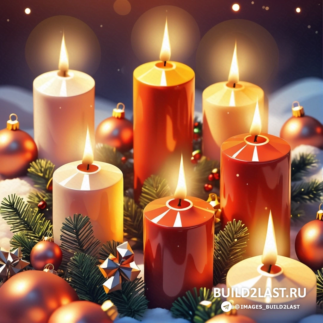 связка свечей, лежащих на снегу, рождественские украшения и сосновая ветка с несколькими шариками