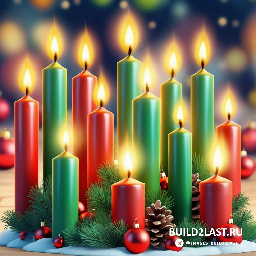 связка свечей на столе с рождественскими украшениями и сосновая шишка на столе