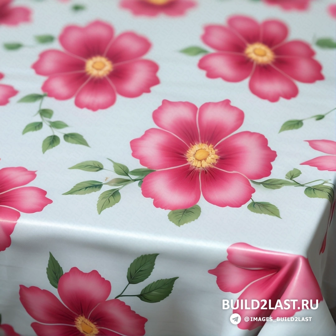 Photoréalisme - sérigraphie. Table avec un imprimé floral dessus et une fleur rouge sur le côté et un centre jaune