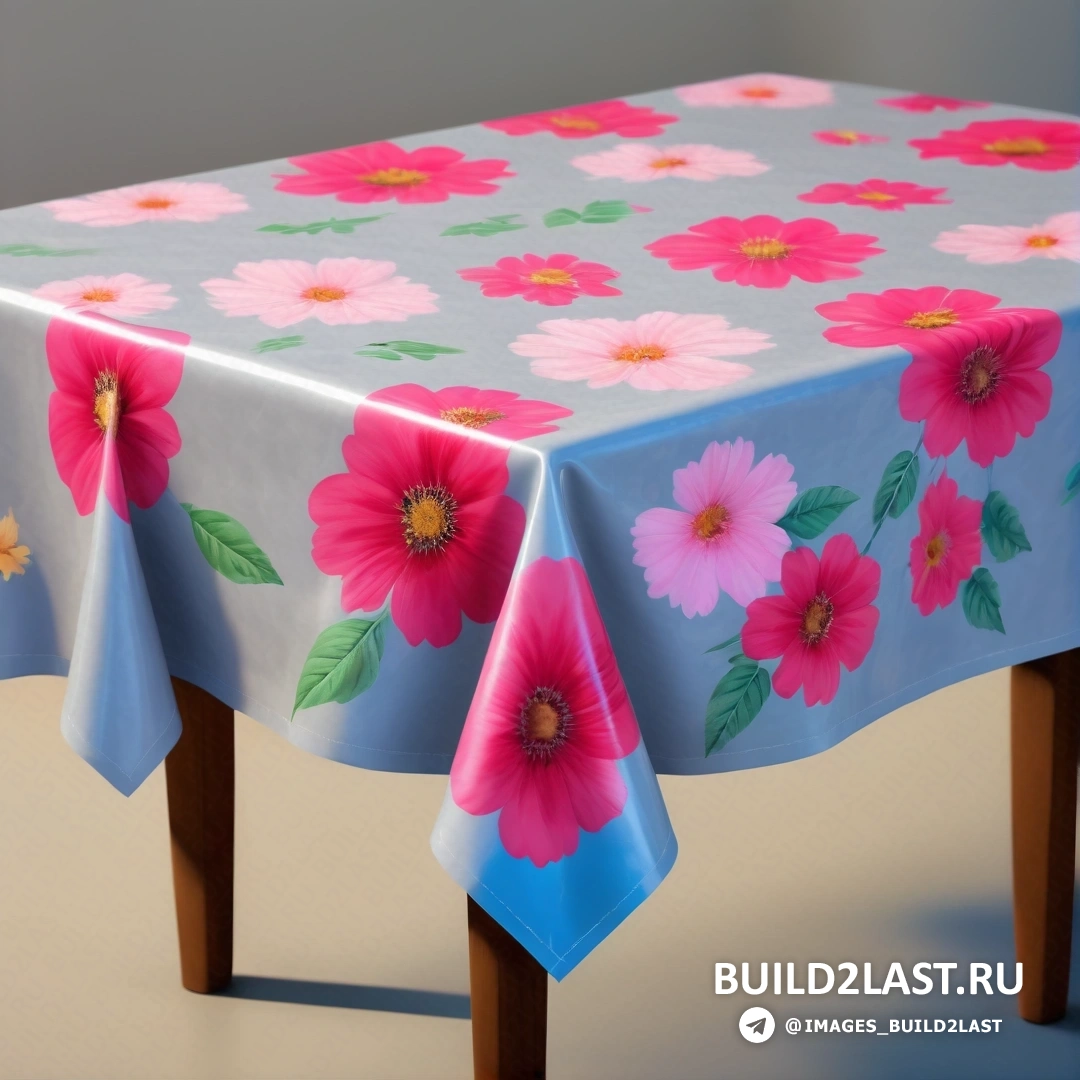 Photoréalisme - Rendu 3D. Table avec une nappe fleurie dessus et un pied en bois avec une nappe bleue avec des fleurs roses dessus