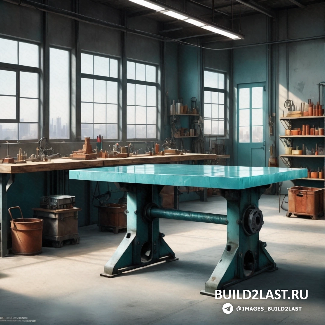 Table dans une pi&#232;ce avec beaucoup de fen&#234;tres et beaucoup d'outils sur la table et des &#233;tag&#232;res au mur