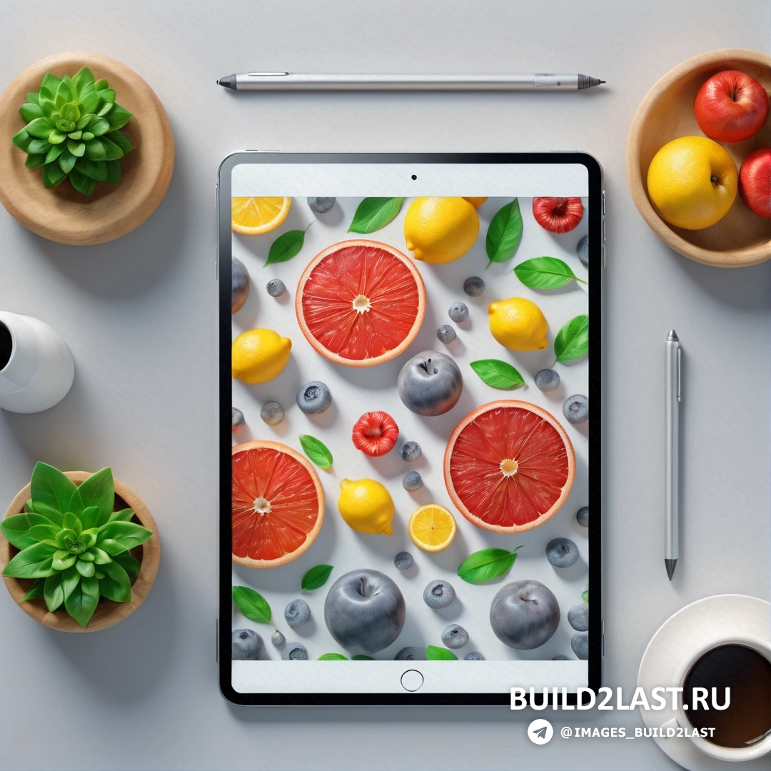 Фотореализм - компьютерный рендеринг. Табличка с изображением грейпфрута и лимона рядом с чашкой кофе.