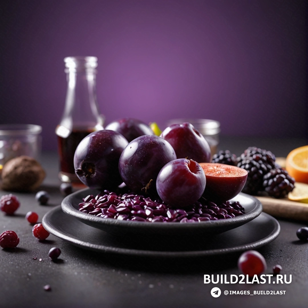 Художественная фотография - натюрморт. Тарелка с фруктами и бутылка сока на столе с другими фруктами и приправами на ней
